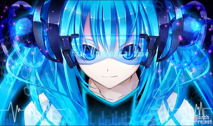 anime girls, blue eyes, blue hair, illuminated, front view