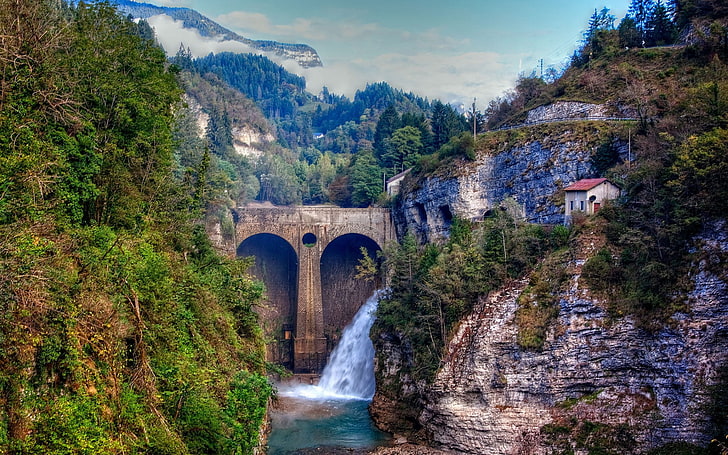 nature, landscape, waterfall, mountain, bridge - man made structure