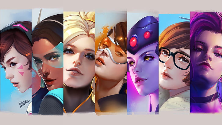 3D female character photo collage graphic, Overwatch, DVa, Mei