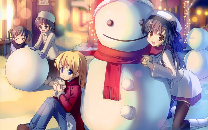  Fondo de pantalla HD Niños de anime jugando en la nieve, personaje de anime femenino de cabello negro = acter