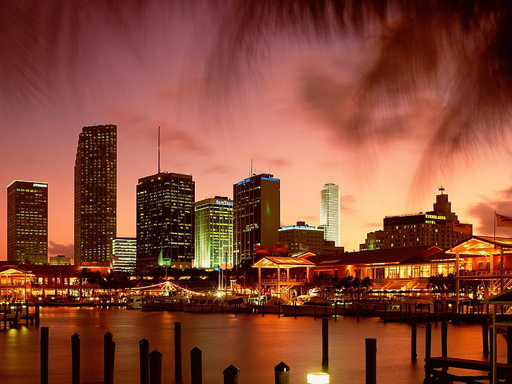 Miami, city, cityscape, boat, city lights, HD wallpaper