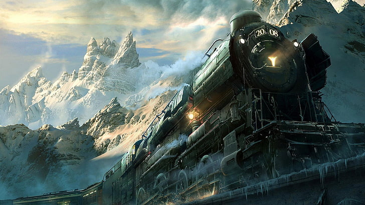 rail transit poster, steam locomotive, artwork, mountain, cloud - sky, HD wallpaper