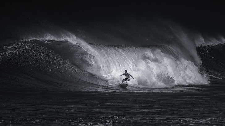 person surfing, sport, wave, black and white, HD wallpaper