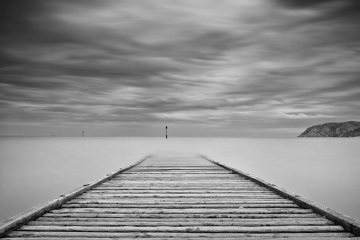 grayscale photography of wooden dock, Sea, Long Exposure, Black and White, HD wallpaper