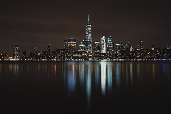 city, Lights, New York City, night, Skycrapers, water