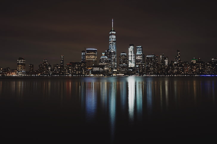 city buildings in panoramic photographyu, water, night, lights