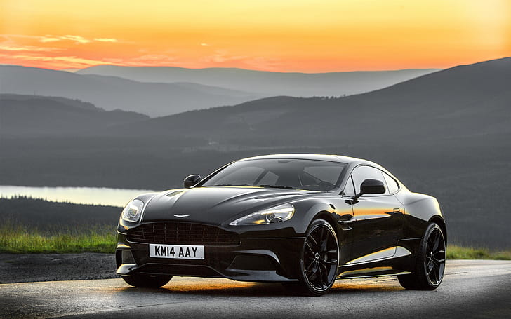 2014 Aston Martin black car, sunset