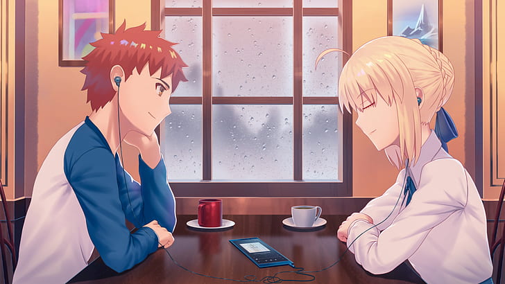 Fate Series, Fate/Stay Night, blonde, smiling, headphones, Saber