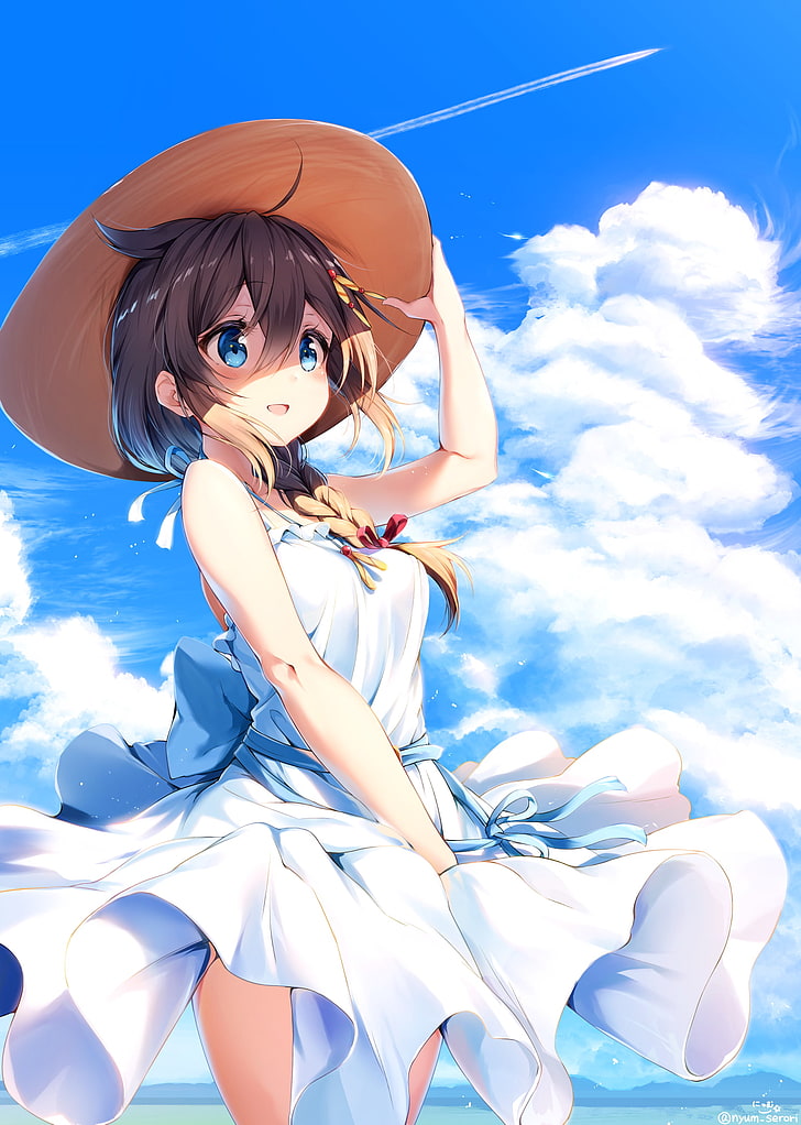 anime, anime girls, long hair, beach, smiling, dress, sky, clouds, HD wallpaper