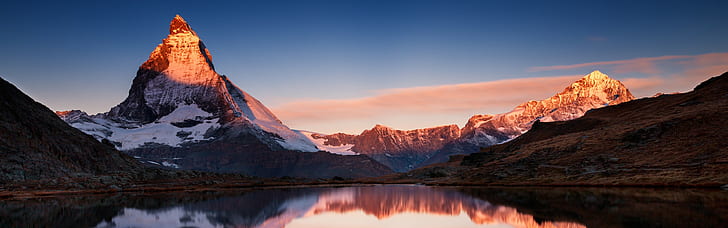 Matterhorn, lake, snow, landscape, nature, dual monitors, sunset, HD wallpaper