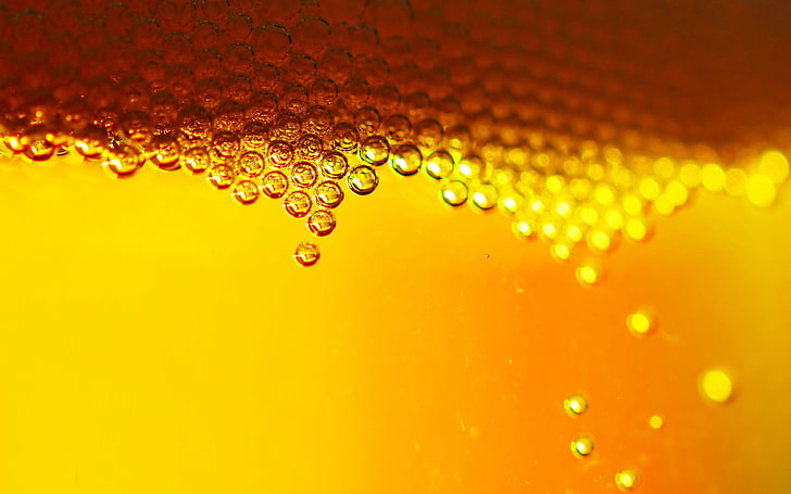 clear bubbles, beer, yellow, abstract, backgrounds, copy space, HD wallpaper
