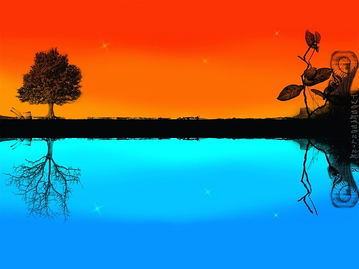 green tree, horizon, colorful, trees, abstract, artwork, orange