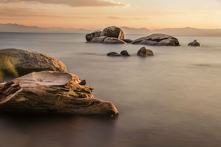 rock formations on body of water during sunset, lake tahoe, lake tahoe, HD wallpaper
