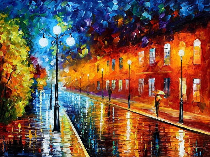 street lights and road painting, artwork, Leonid Afremov, architecture, HD wallpaper