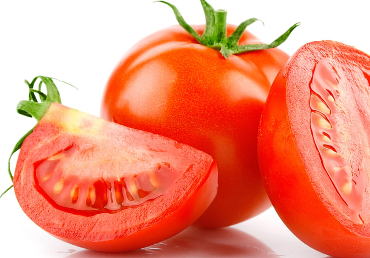 sliced tomatoe, cut, slices, table, tree, vegetable, food, red, HD wallpaper