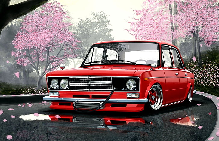 classic red sedan, Road, Figure, Sakura, Style, ART, Japan, Car HD wallpaper