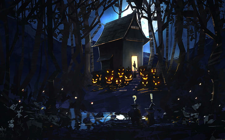 Crowd of pumpkin before a haunted house, nightmare before christmas illustration, HD wallpaper