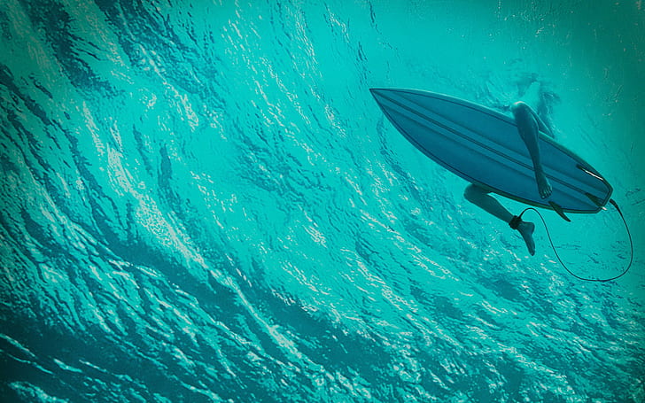 sea, surfers, legs, underwater, waves, surfboards, cyan, turquoise, HD wallpaper