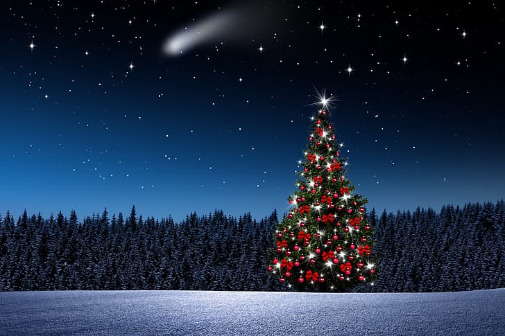 winter, snow, decoration, snowflakes, balls, tree, New Year, HD wallpaper