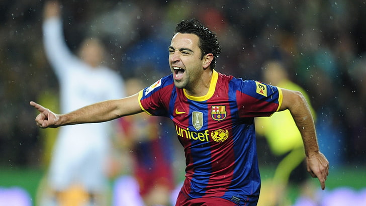 FC Barcelona, Xavi, footballers, sport, mouth open, front view