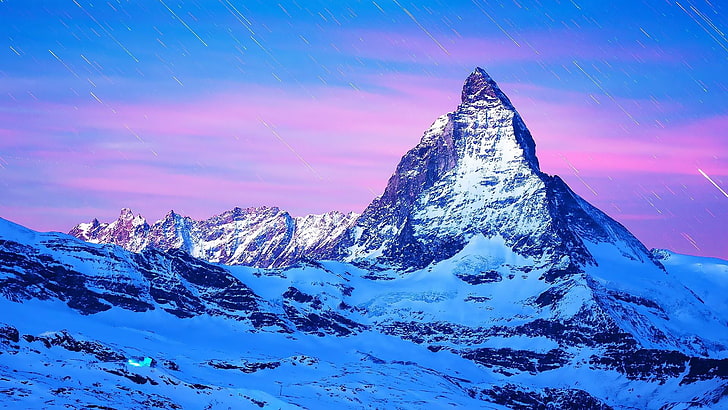 matterhorn, peak, snowy, swiss alps, europe, purple sky, ridge, HD wallpaper