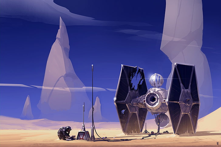 silver and black spaceship illustration, Star Wars, planet, Tatooine