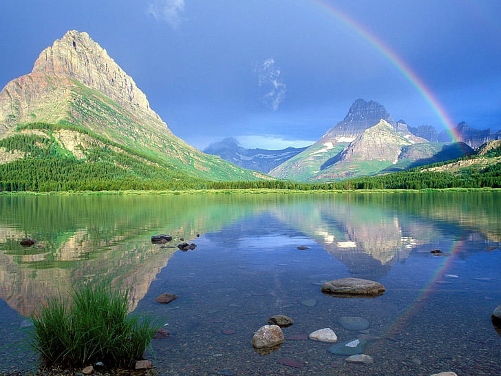 landscape, rainbows, Swiftcurrent Lake, Glacier National Park