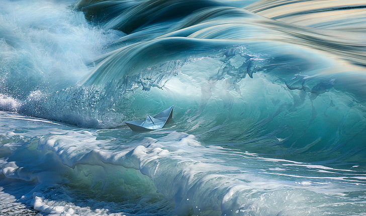 sea waves painting, water, paper boats, digital art, cyan, splashes