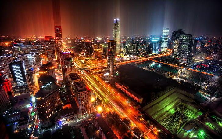 Beijing, China, city, night, skyscrapers, HD wallpaper