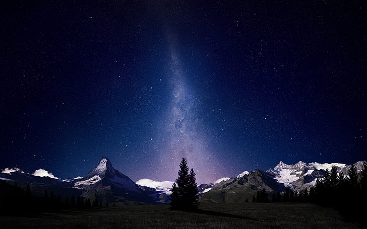 Alpine Night Sky, astronomy, blue, darkblue, digitalcomposition, HD wallpaper