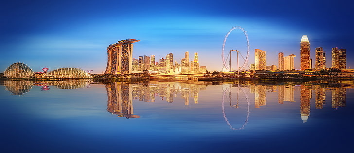 sea, landscape, lights, skyscrapers, Singapore, architecture, HD wallpaper