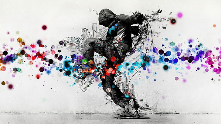 man wearing hoodie abstract painting, dancing, breakdance, multi colored