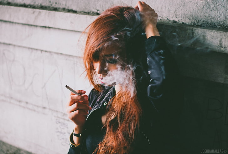 women's black jacket, girl, smoke, cigarette, people, one Person, HD wallpaper
