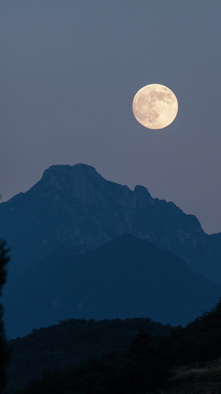 silhouette of mountain under full moon, portrait display, nature, HD wallpaper