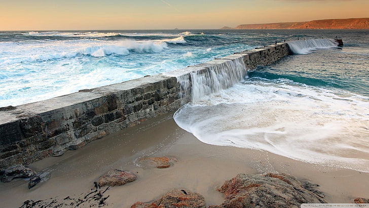 brown bricked barricade, wall, waves, sea, water, beach, motion, HD wallpaper