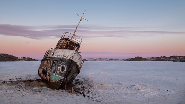 brown and white concrete house, boat, ice, wreck, landscape, vehicle