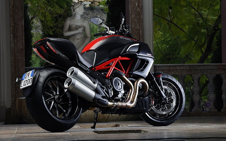 black and red sports bike, motorcycle, Ducati, Diavel, transportation