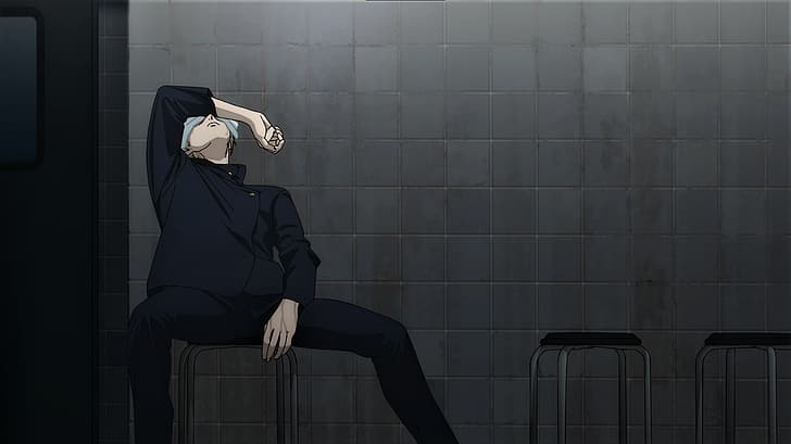 Jujutsu Kaisen, Kento Nanami, tired, uniform, stools, anime