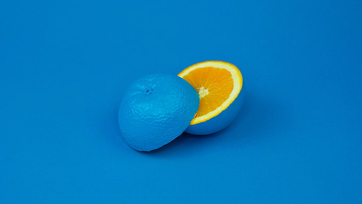 blue sliced lime, blue background, orange (fruit), yellow, studio shot, HD wallpaper