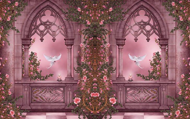 Rose Garden, pigeons, roses, flowers, candles, windows, art pictures