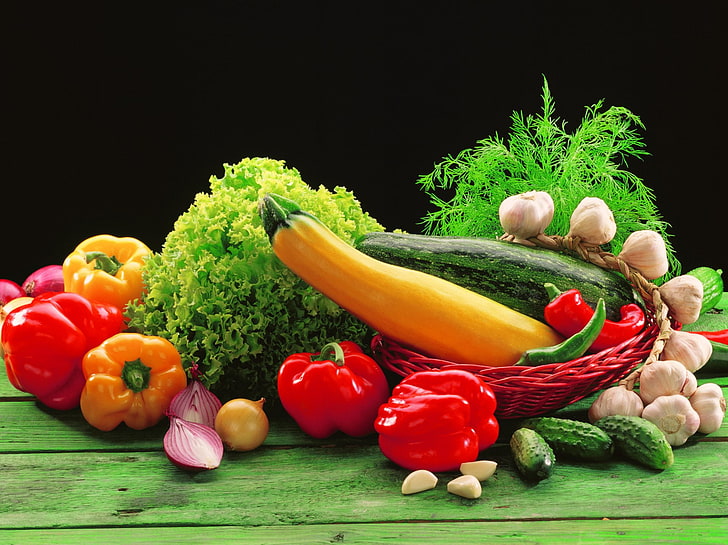 Food, Vegetables, Cucumber, Garlic, Lettuce, Pepper, Still Life, HD wallpaper