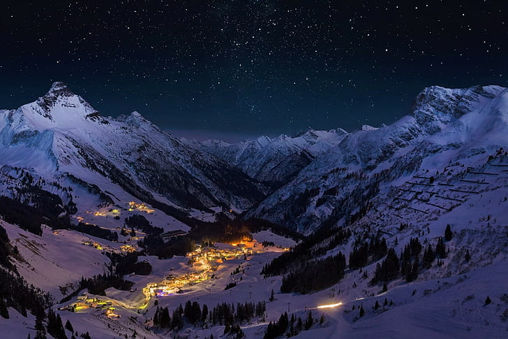 Man Made, Town, Light, Mountain, Night, Snow, Valley, Winter, HD wallpaper
