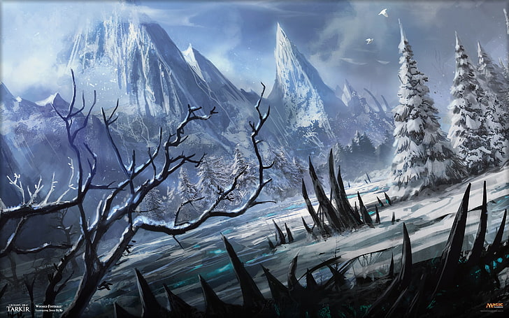 snow capped mountains near trees and frozen river wallpaper, Magic: The Gathering, HD wallpaper