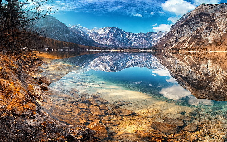 nature, landscape, lake, mountains, fall, snowy peak, water, HD wallpaper