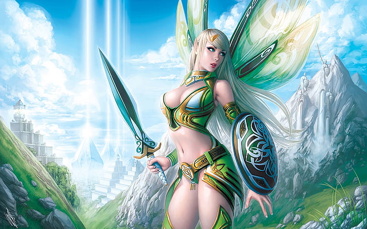 Warrior girl with wings-sword and shield-in-hand-blond hair-Desktop Hd Wallpaper For PC-Tablet And Mobile-2560×1600, HD wallpaper