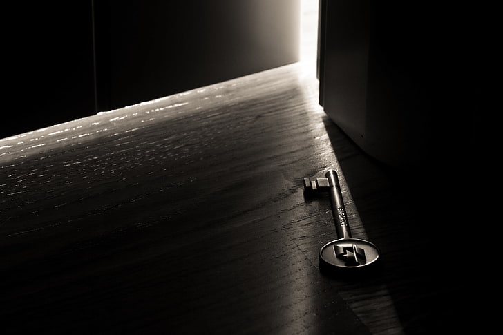gray metal skeleton key, light, darkness, room, the door, macro key