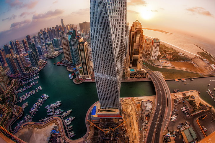 Dubai country poster, skyscrapers, top view, sunrise, city, cityscape