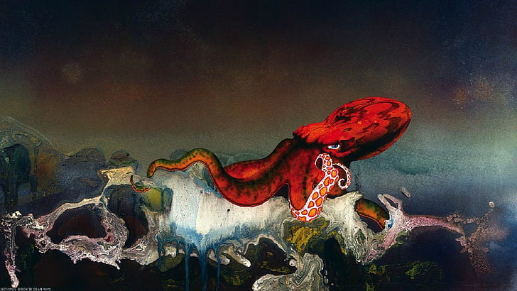 Digital Art, Octopus, Ship, Roger Dean, red octopus painting, HD wallpaper