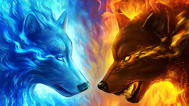 animals, blue, red, ice, fire, abstract