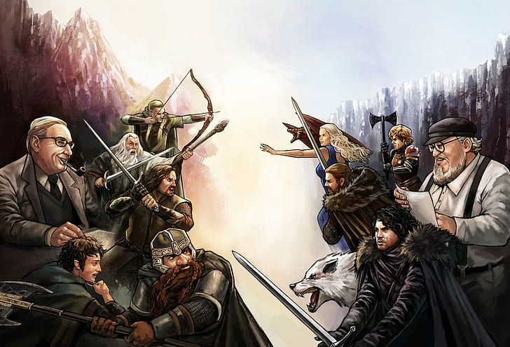Aragorn, Crossover, Daenerys Targaryen, dragon, Fan Art, Frodo Baggins, HD wallpaper
